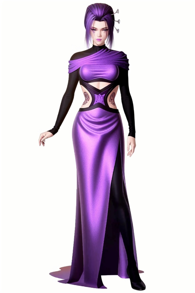 ((HRD, HUD, 8K)),((masterpiece, best quality)), highly detailed, soft light,1girl, solo, purple hair, hair ornament, hair stick, purple eyes, makeup, facial mark, scar, lips, lipstick,breasts, tattoo, dress, shoes, high heels, simple background, white background, full body, long legs, standing, looking at viewer,  <lora:20240501-1714526892402:0.72>