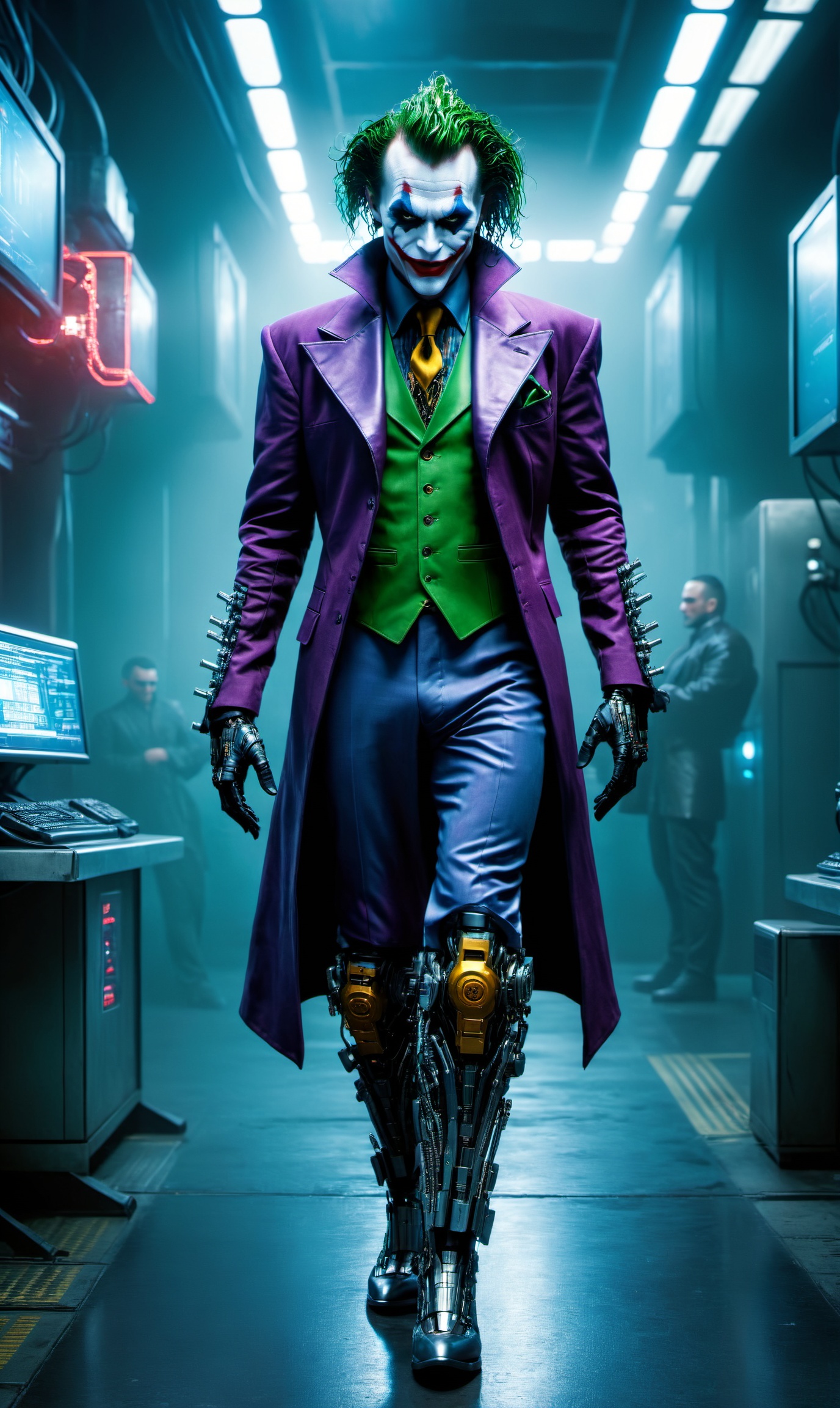 In the cyberpunk world,  a transformed joker,  with cybernetic enhancements on Tensor.Art