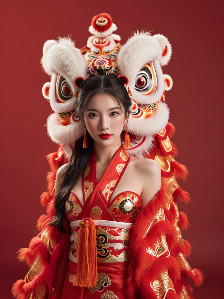 1girl,  big lion head,  bare shoulders on Tensor.Art