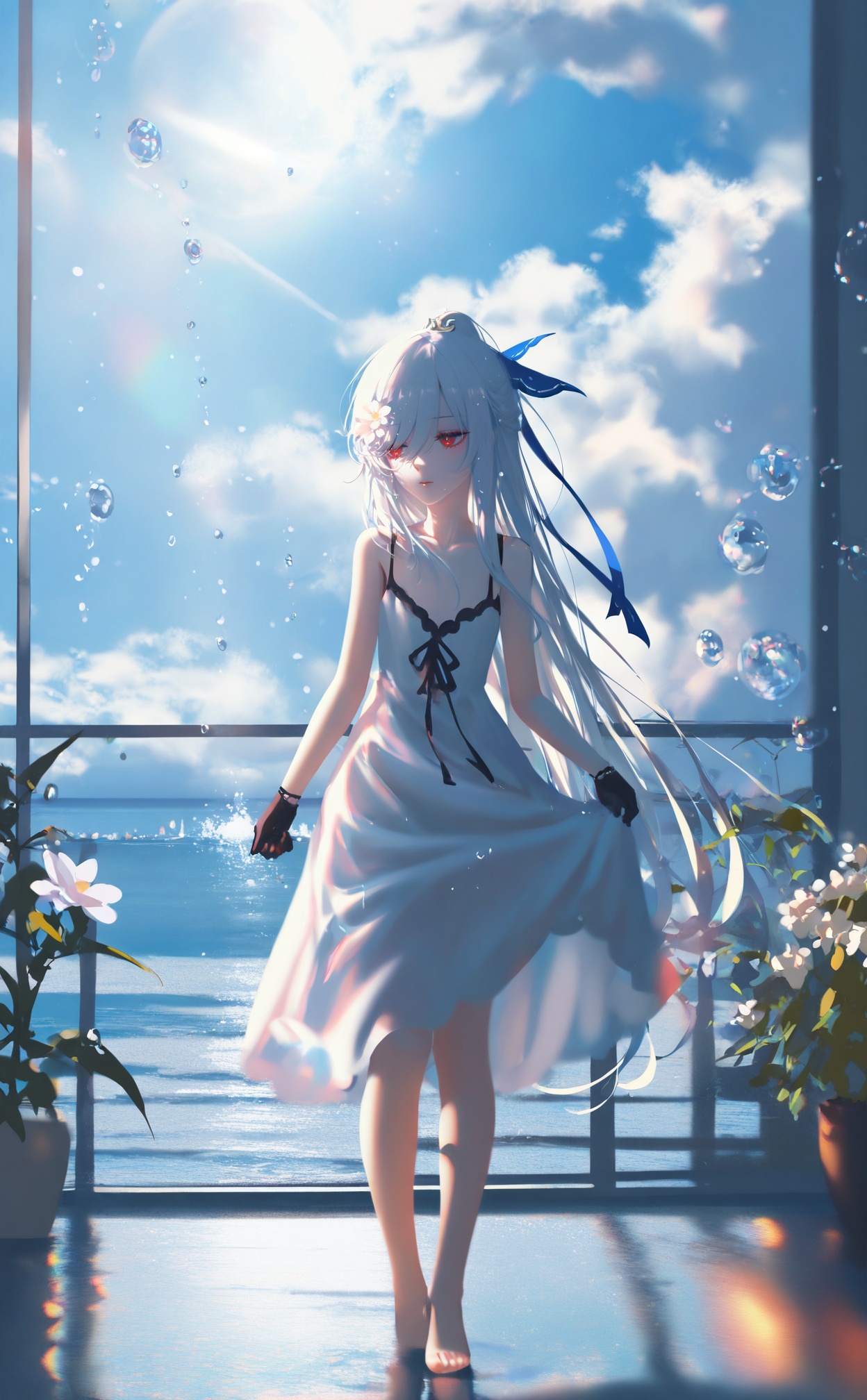 masterpiece,very aware,highres,absurdres,newest,best quality,loli,petite,high quality,chromatic_aberration,//,1girl, solo, long hair, dress, standing, outdoors, sky, barefoot, day, cloud, water, white dress, blue sky, ocean, sunlight, cloudy sky, scenery, sun, horizon, white hair, masterpiece, ultra detailed, hdr, colorful, Artist:wlop, Artist:sheya, Artist:ask \, askzy\, window, indoors, water drop, sleeveless, bare shoulders, closed mouth, blush, white flower, collarbone, potted plant, from behind, illustration, Depth of field, best quality, /////////////////////////////, jingliu,1girl,solo,long hair,red eyes,bangs,white hair,very long hair,skirt,dress,hair between eyes,full moon,hair ornament,black gloves,black boots//,<lora:konya_karasue——【noob】hans:0.8>,