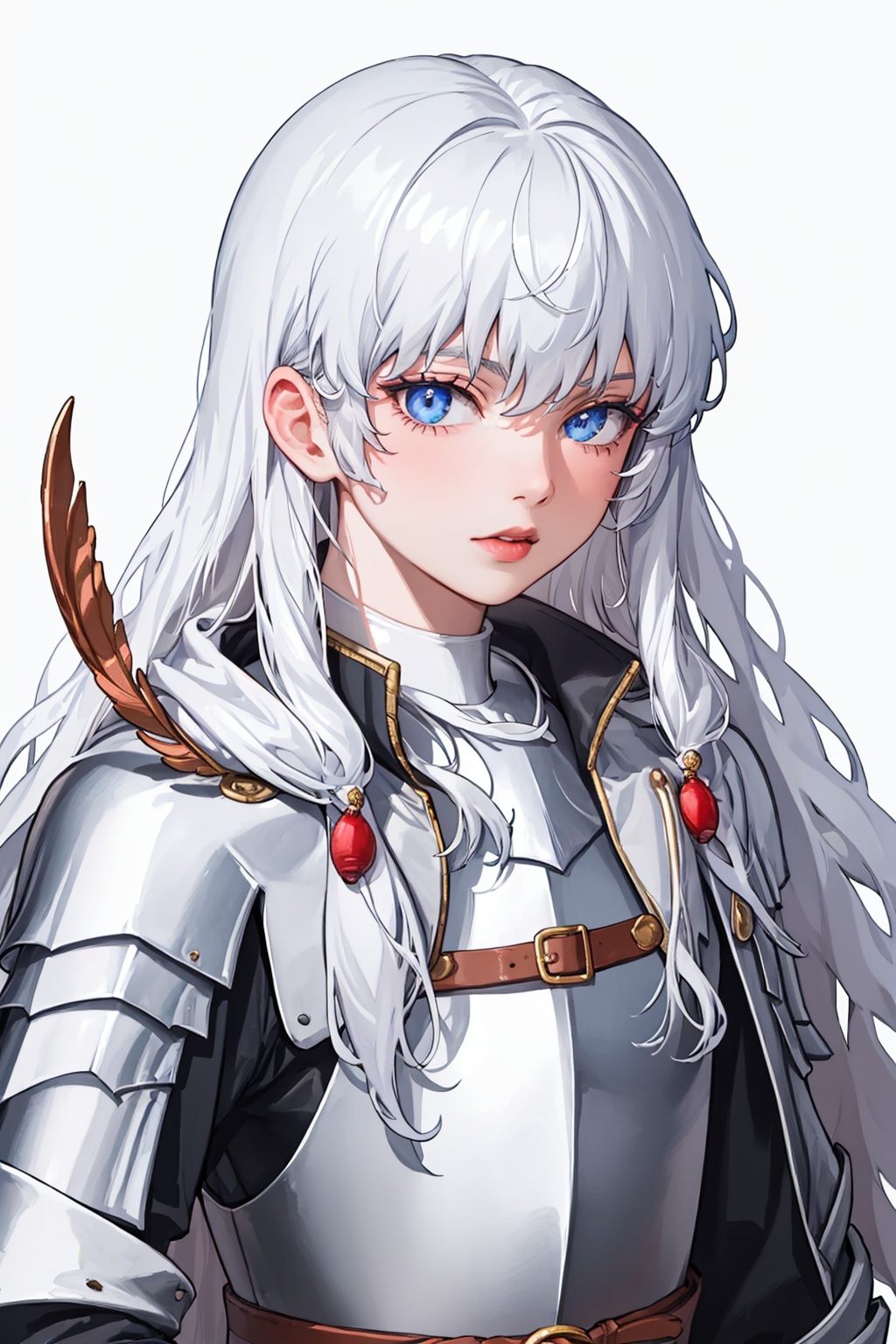 masterpiece,best quality, highly detailed, 1boy,closed mouth,griffith (berserk),male focus,androgynous,armor,looking at viewer,solo,upper body,lips,simple background,white background,<lora:griffith_(berserk):1>