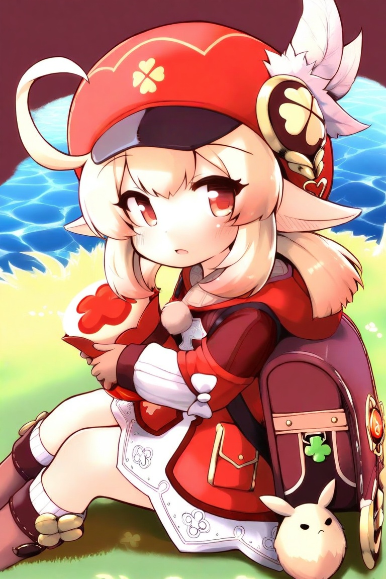 lazypos,masterpiece,best quality,caustics,<lora:kareyaV1:1.2>,kareya style,1girl,klee \(genshin impact\),blonde hair,red eyes,backpack,red hat,pointy ears,loli,looking at viewer,sitting, on grass,
