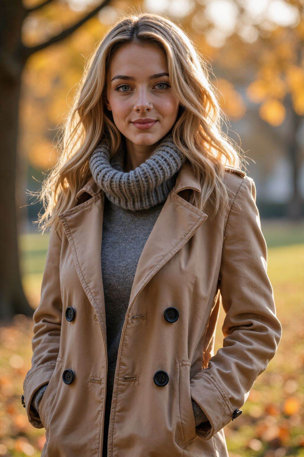 Photograph of a young Caucasian woman with wavy, shoulder-length blonde hair and fair skin, standing in an autumnal park. She has blue eyes and wears subtle makeup. She is dressed in a light brown, double-breasted wool coat with black buttons, and a thick, gray knitted scarf wrapped around her neck. Her hands are in her coat pockets, and she gazes softly at the camera with a slight smile. The background is blurred, featuring golden sunlight filtering through trees and fallen leaves on the ground, creating a warm, inviting atmosphere. The image has a soft, romantic, and slightly dreamy quality.