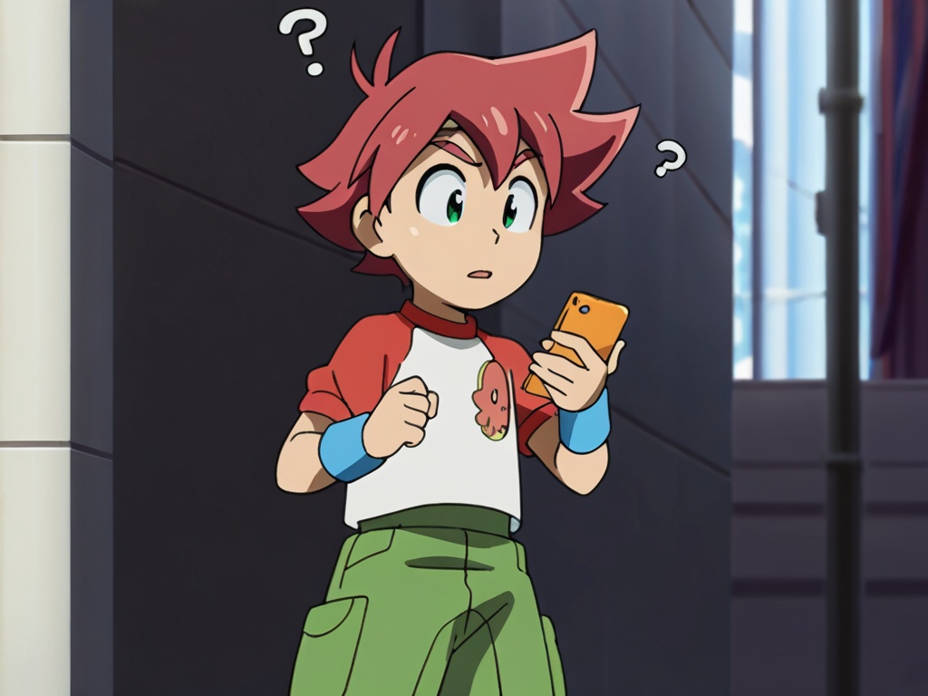 <lora:Taiga_XL:1>,explicit,(best quality:1),(best detail:1),(masterpiece:1),male focus,standing in the street,1boy,solo,child,(petite:1.1),red hair,green eyes,round face,thick eyebrow,(5fingers:1.1),perfect hands,boy take the orange phone,white and red short sleeve,small blue bracer,green tooling shorts,look at the phone,confused,correct anatomy,upper_body,available light,animation style,(incredibly absurdres:2),