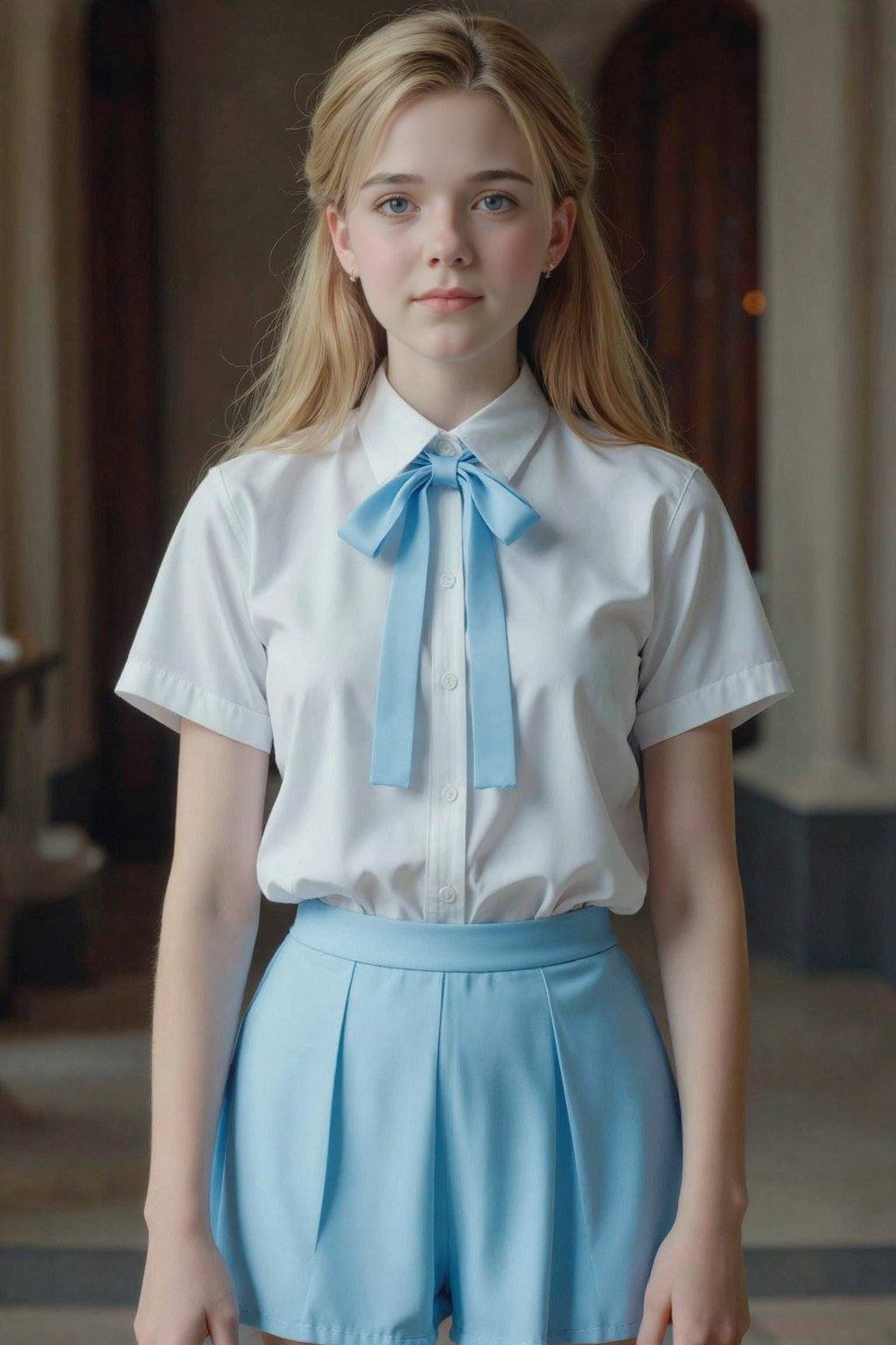 HDR photo of cinematic film still, 15-year-old girl with blue eyes and blonde hair, She wears a white short-sleeved blouse with a light blue bow tie and a matching light blue pleated skirt. <lora:20251228_TinZ-ImageCheongsamLora10:1>