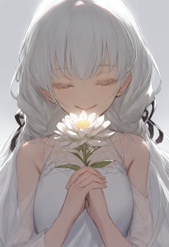 best quality, masterpiece, solo, holding flower, 1girl, flower, white background, holding, smile, closed eyes, upper body, ribbon, simple background, white theme, white flower, hair ribbon, white hair, white dress, closed mouth, facing viewer, bangs, black ribbon, dress, long hair  <lora:rsefXLlokr4f-000143:0.95>