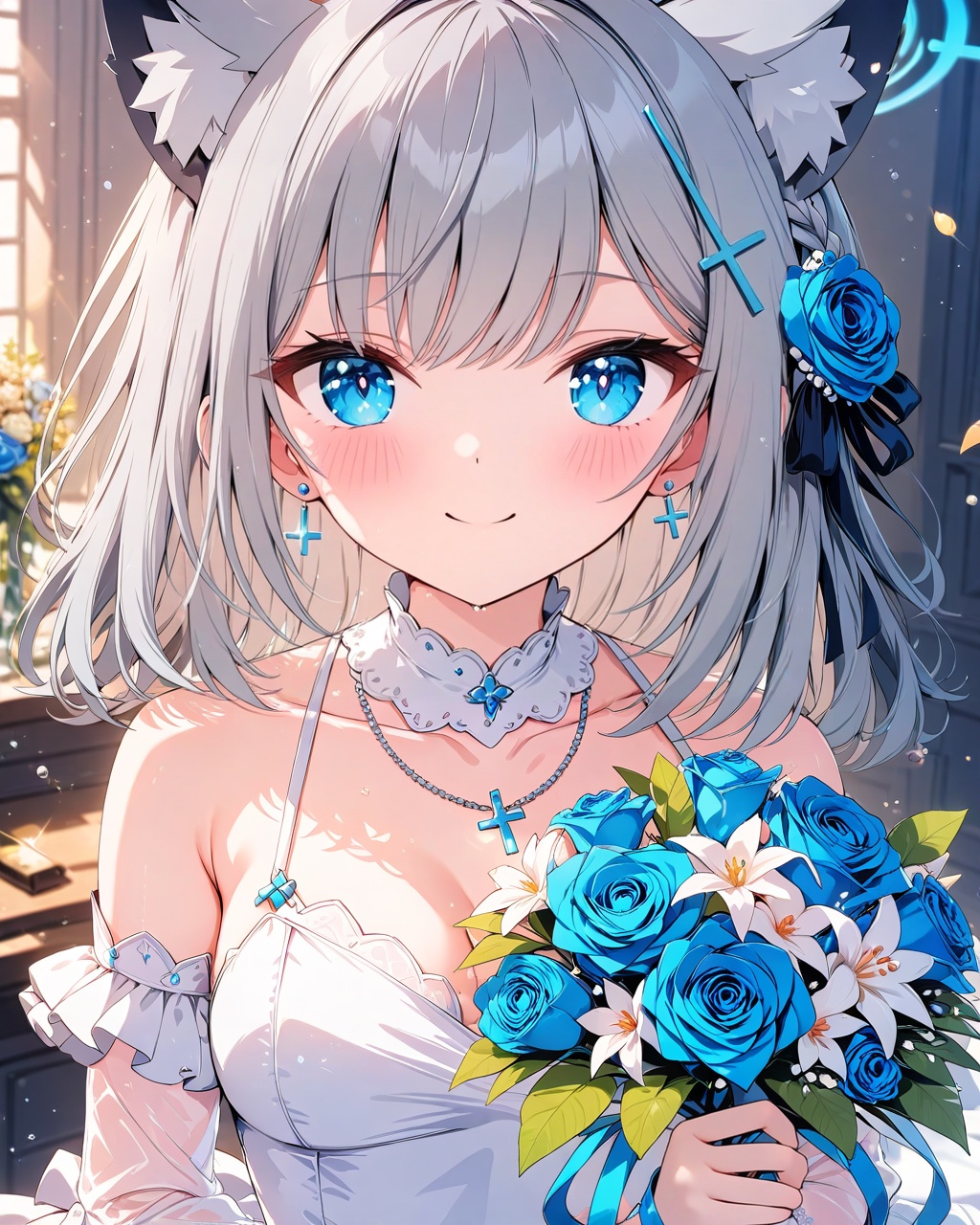 Shiroko (Blue Archive),O,shiroko (blue archive),shiroko (blue archive),1girl, animal ears, dress, flower, solo, bouquet, extra ears, blue eyes, grey hair, white dress, blue flower, hair ornament, jewelry, wedding dress, looking at viewer, halo, holding bouquet, holding, animal ear fluff, rose, bare shoulders, mismatched pupils, breasts, smile, cross hair ornament, necklace, blue rose, closed mouth, upper body, bangs, medium breasts, blush, medium hair, earrings, detached sleeves, braid,(UHD),anatomically correct,ccurate,textured skin,super detail,high details,award winning,best quality,high quality,retina,HD,16k,1080P,(UHD),anatomically correct,ccurate,textured skin,super detail,high details,award winning,best quality,high quality,retina,HD,16k,1080P,