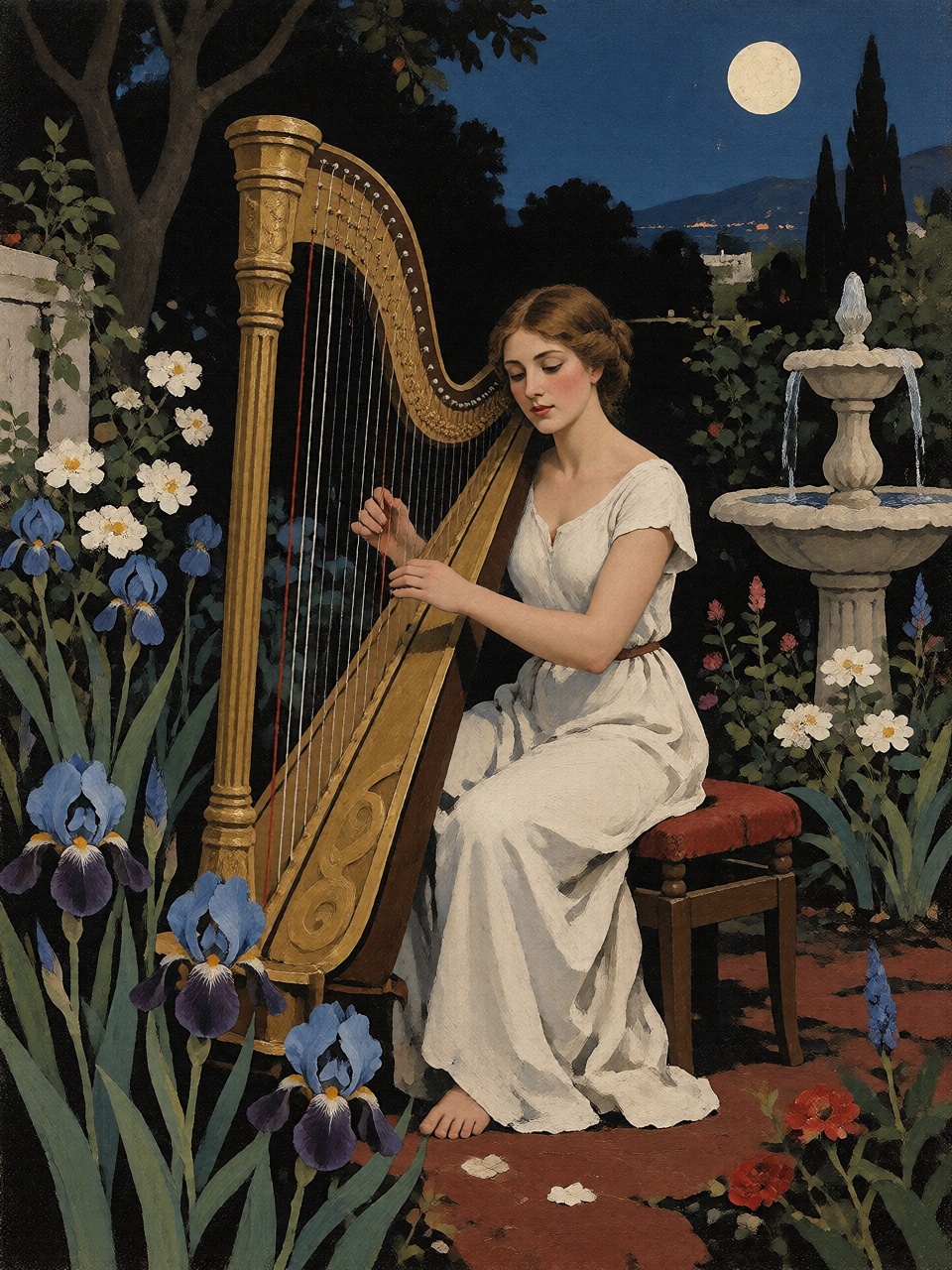 A woman in a white dress playing a golden harp in a moonlit garden. Tall blue irises,  flowering shrubs and a decorative s...