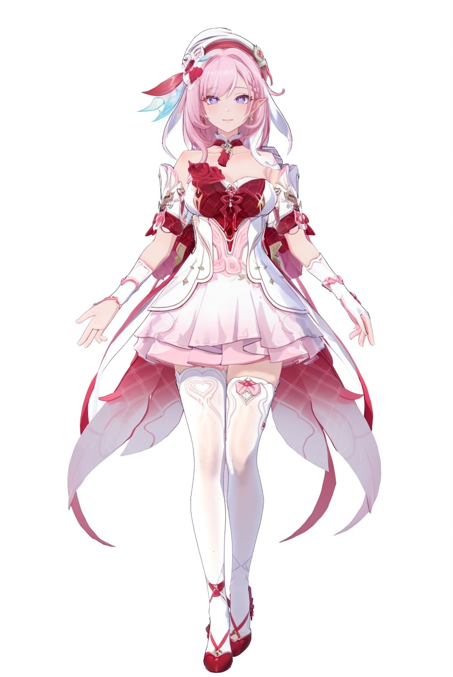 8k,best quality,masterpiece,(ultra-detailed),(high detailed skin),(by nanoless, by misumi \(macaroni\),:0.5),A full-body portrait of a young girl,standing gracefully,pastel art style,high-key lighting,shoujo manga influence,hd quality,delicate details,full body,full shot,standing,looking at viewer,(solo:1.2),simple background,(white background:1.2),<lora:Elysia-sd-Tanger-000019:0.8>,elysia \(honkai impact\),Elysialover,clothes: Elysialover red-and-white dress,double Elysialover floating small trumpets,1girl,pink hair,Elysialover thighhighs,purple eyes,gloves,bangs,white thighhighs,Elysialover white hat and hair ornament,diamond-shaped pupils,floating ribbon,