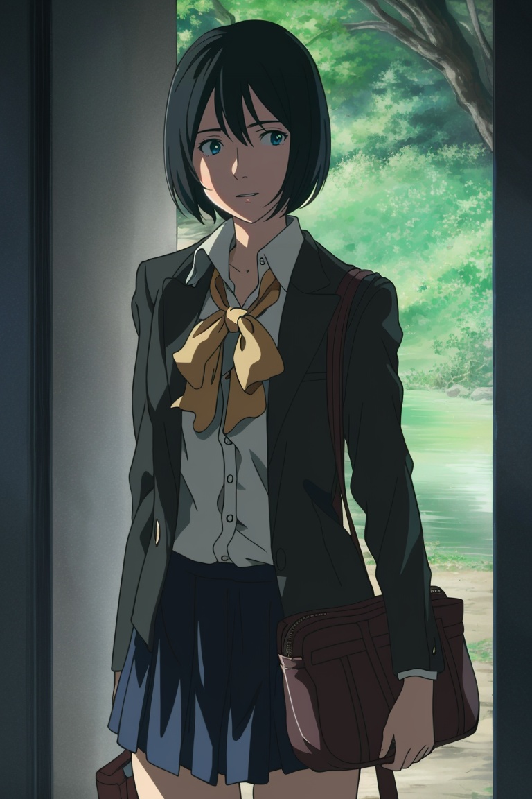 ((HRD, HUD, 8K)),((masterpiece, best quality)), highly detailed, soft light,1girl, solo, black hair, short hair, bag, school uniform, jacket, blue eyes, bow,<lora:20240421-1713705200913:0.8>