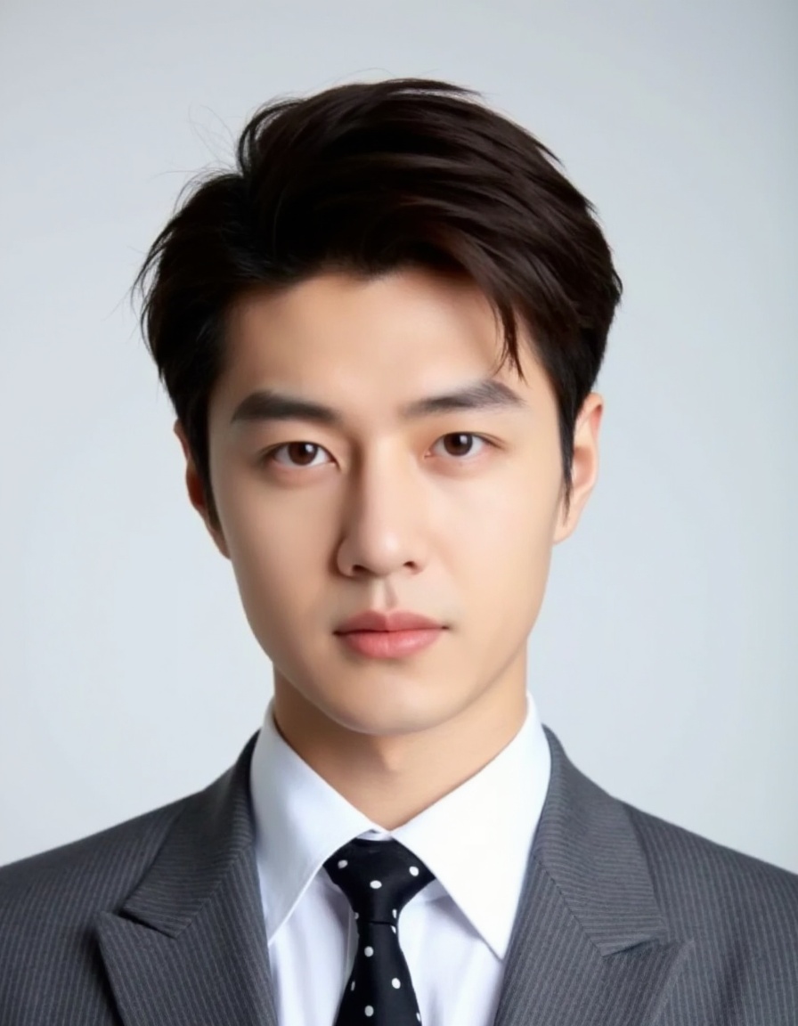 This is a photograph of a young Asian man with smooth, light olive skin and straight, dark brown hair. He has a slender build and wears a gray pinstriped suit jacket over a white collared shirt with a black tie featuring small white polka dots. His expression is neutral, with slightly parted lips and soft, natural makeup emphasizing his delicate features. The background is a plain, light gray, keeping the focus on the subject.