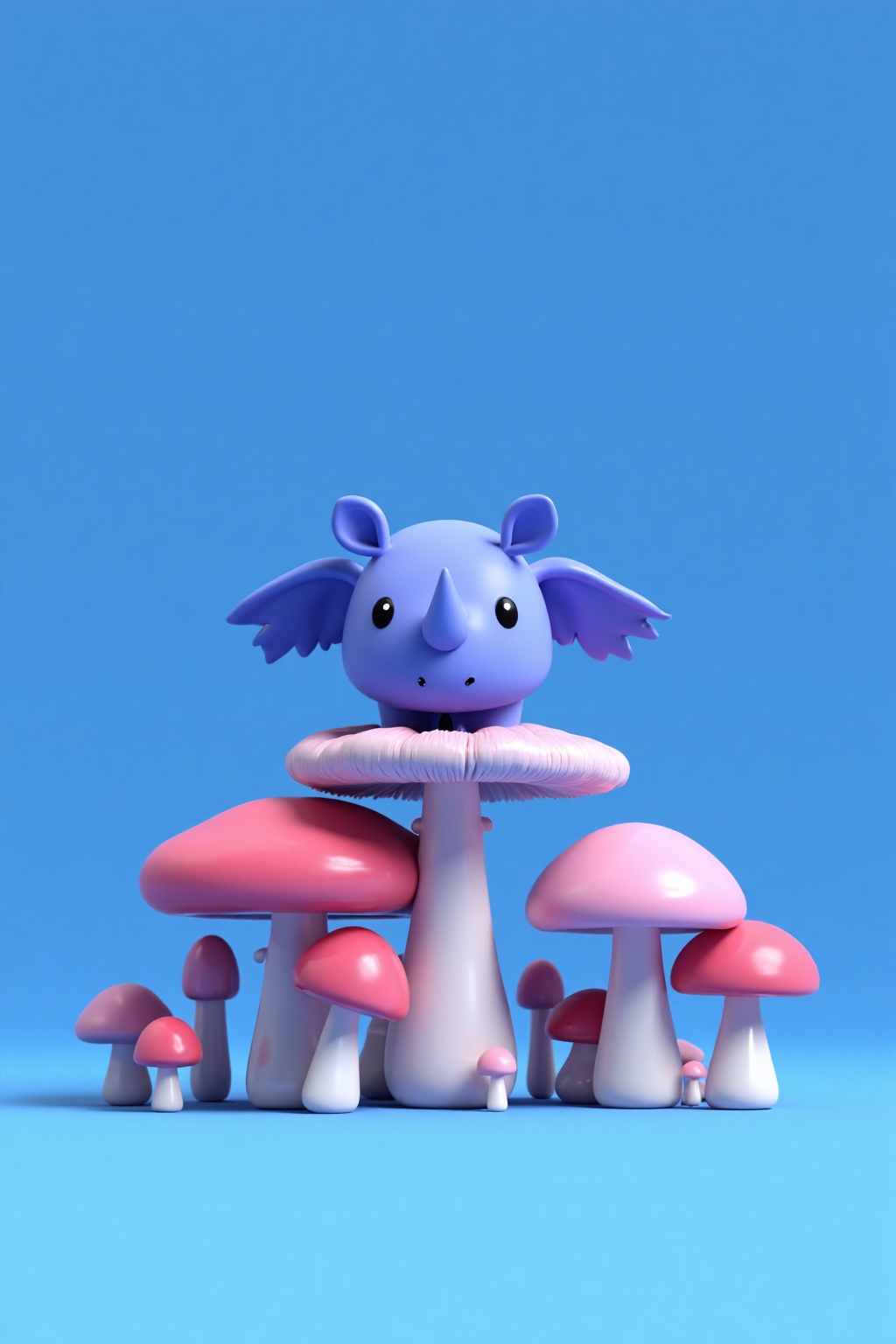 beijihui,Captured at eye-level on a vibrant blue backdrop, a blue toy rhino stands atop a row of pink and white mushrooms. The rhino's head is adorned with two black eyes, a black nose, and two small black eyes. Its wings are spread out, adding a touch of balance to the scene. The mushrooms are arranged in a way that creates a stark contrast to the blue backdrop. The mushroom on the left side of the image is a bright pink, while the one on the right side is a lighter pink.