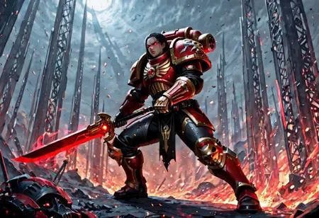 (masterwork, fantasy art, abyss warrior, warhammer 40k style, masterpiece, best quality, hyper-detailed, 8k uhd::1.4), 1male, muscular warrior, fantasy abyss warrior, ornate power armor, red and gold armor plating, metallic gray accents, intricate armor patterns, micro-detailed engravings, ceremonial pauldrons, heavy gauntlets, armored boots, large two-handed weapon, glowing red gemstone inlay, crimson blade aura, dynamic action pose, battle stance, fierce expression, glowing eyes, detailed facial features, dramatic lighting, chiaroscuro lighting, strong contrast, dark atmospheric background, smoky battlefield, embers floating, cinematic composition, low angle shot, epic scale, serious tone, intense mood, sharp focus, metallic reflections, battle-worn textures, masterpiece, best quality, absurdres, newest