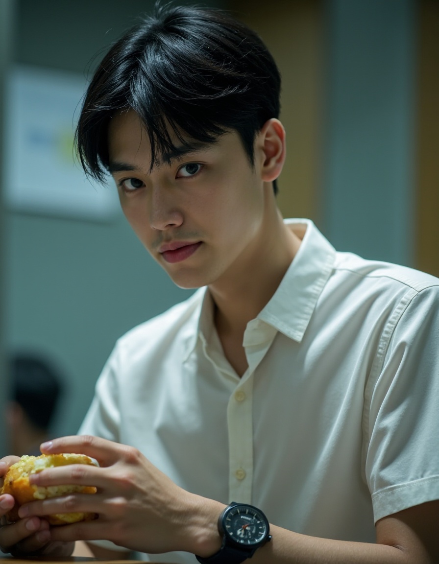 HDR photo of cinematic film still 1boy,male focus,black hair,solo,shirt,watch,holding food,white shirt,upper body,realistic,looking at viewer,short sleeves,holding,black eyes,day,short hair,office, . shallow depth of field, vignette, highly detailed, high budget, bokeh, cinemascope, moody, epic, gorgeous, film grain, grainy . High dynamic range, vivid, rich details, clear shadows and highlights, realistic, intense, enhanced contrast, highly detailed