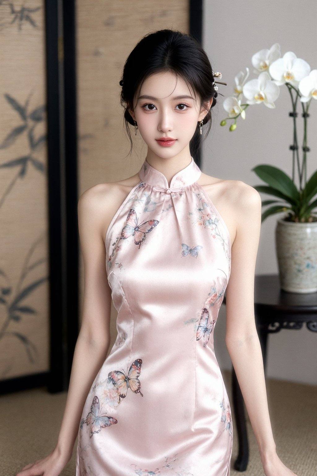A young Asian woman, approximately in her early twenties, stands gracefully, her slender figure accentuated by a pale pink, halter-neck Qipao dress. The dress, crafted from luxurious satin, is adorned with delicate, multi-colored butterfly and floral patterns, lending an ethereal quality. Her dark hair is elegantly styled in a bun, secured with subtle hair accessories. Her fair complexion glows with a natural radiance; her eyes possess a gentle, welcoming expression; her lips are softly colored. She gazes directly at the viewer with a serene expression. The lighting is soft and flattering, emphasizing the smooth texture of her skin and the sheen of the dress. The background features a traditional Chinese screen and a pot of white orchids, and a small table, adding a touch of elegance. The composition is balanced, with the subject centered, employing a medium shot that focuses on her beauty and the intricate details of the dress. The overall mood is one of tranquility and refined beauty, evocative of traditional Chinese aesthetics, with the elements creating a gentle and peaceful atmosphere.