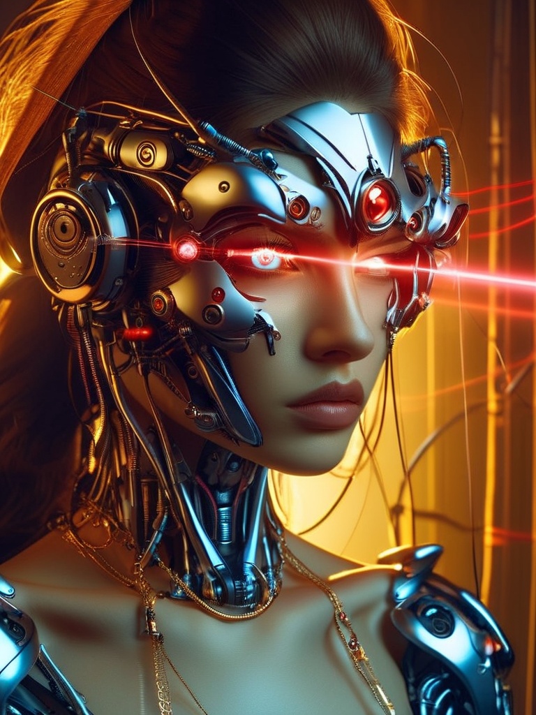 gmlm, gmlm_background,1girl, solo, cyborg, glowing, lips, portrait, jewelry, upper body, necklace, collarbone, realistic, closed mouth, close-up, robot, mechanical parts, long hair, science fiction, covered eyes, android, cable, cyberpunk, headgear, nose, watermark, red eyes, lens flare, facing viewer<lora:gmlmSDXL-000014:0.8>