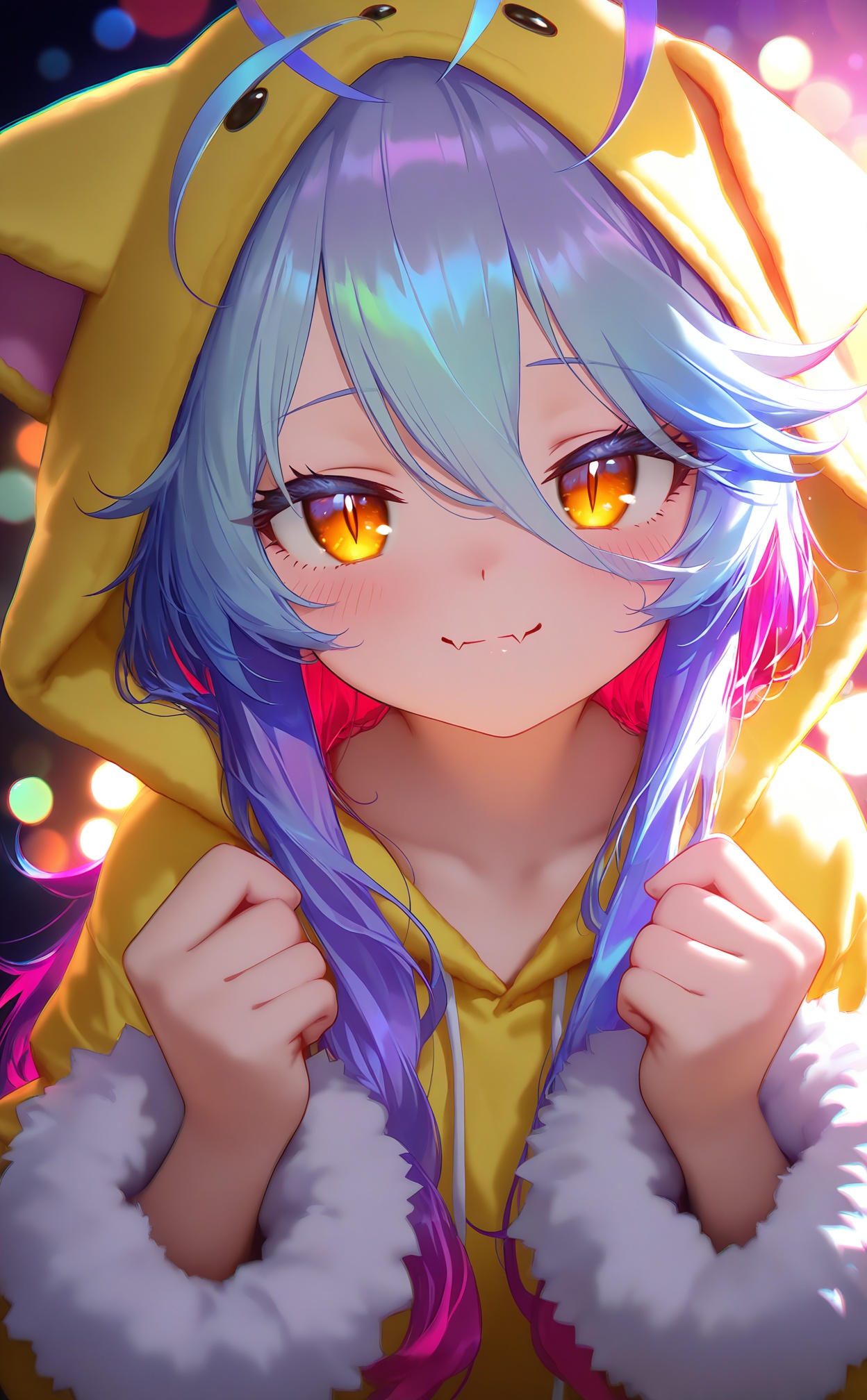 masterpiece,absurdres,best quality,high quality,chromatic_aberration,loli,petite,//,1girl, purple hair, solo, hair between eyes, long sleeves, hood, hood up, long hair, looking at viewer, hands up, closed mouth, blush, yellow eyes, multicolored hair, upper body, smile, pajamas, gradient hair, fur-trimmed sleeves, animal hood, fur trim, antenna hair, clenched hands, skin fangs, skin fang, slit pupils, hoodie, orange eyes, collarbone, blue hair, yellow hoodie, fangs, red hair, fang, blurry, jacket//,highres,HDR,8K,high contrast,illustration,depth of field,(colorful),Tyndall effect,contrast,lens flare,<lora:nyalia22——【noob】hans:1>,