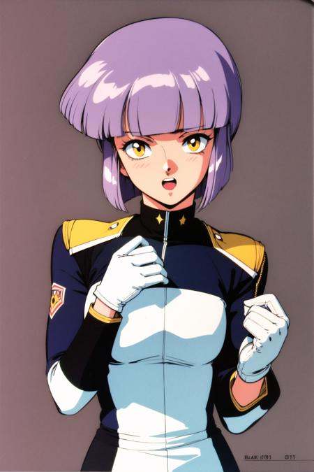 1girl, solo, gloves, retro artstyle, short hair, purple hair, yellow eyes, white gloves,(black uniform:1.5), bangs, upper body, hand on own chest, 1990s (style), open mouth, bob cut, blunt bangs, looking at viewer,<lora:Kenichi Sonoda:0.8>