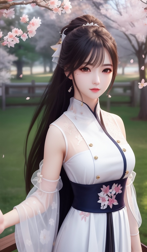 (,1girl, ,best quality, ),looking at viewer, <lora:381-DA-武动乾坤-绫清竹-新模:0.8> ultra detailed background,ultra realistic 8k cg,ultra detailed 8k cg,masterpiece,upper body,  (( , )),, ,science fiction,mole, ultra realistic 8k cg, ,tamari \(flawless\),   ,outdoors, sun,sunlight, cherry blossoms,      (()), (),
