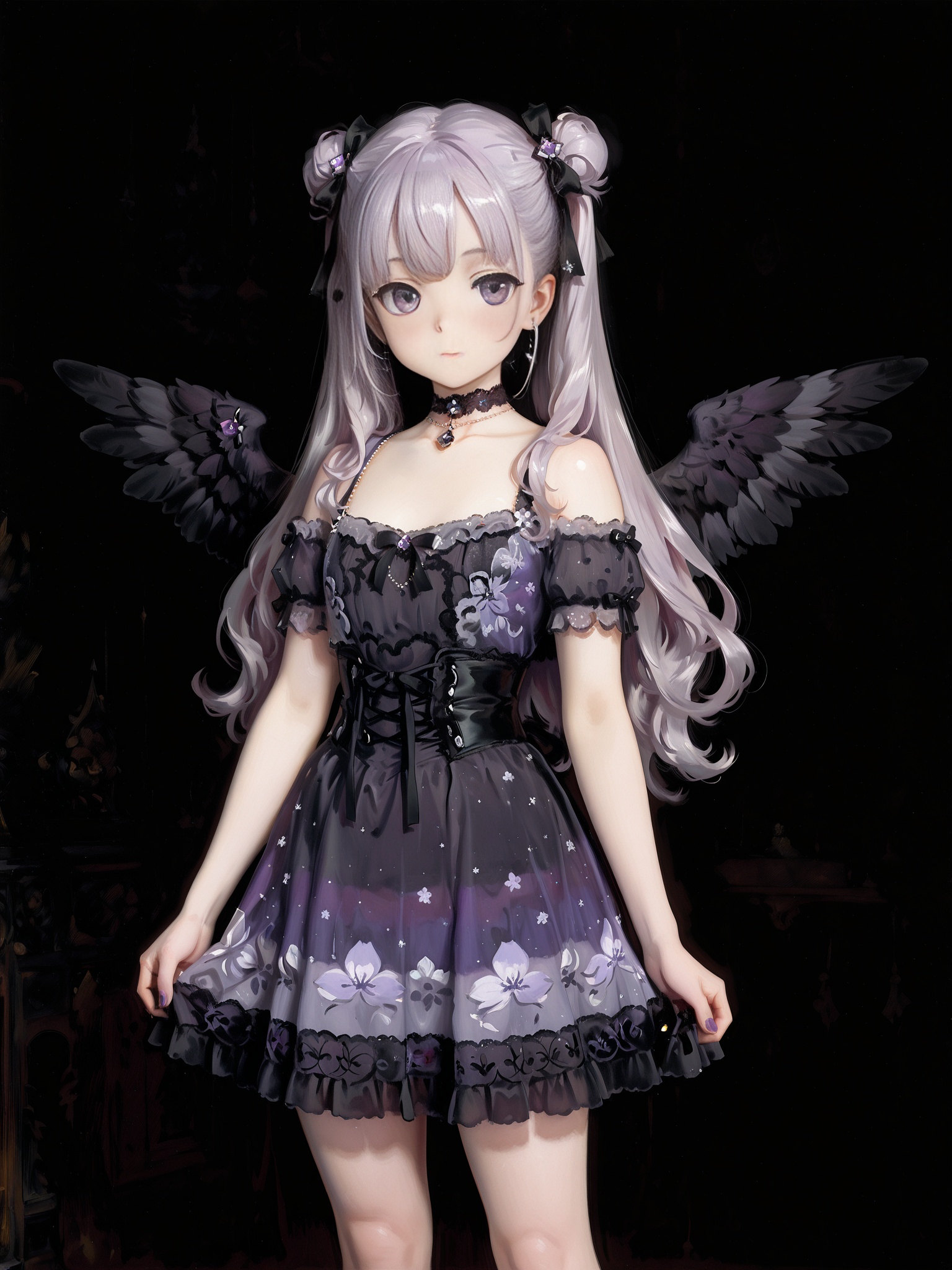 Best quality, masterpiece, official quality,official art, high-quality,,painting,oil painting, <lora:AS ART Sargent :1>,1girl,solo,a thin girl with a gothic and edgy aesthetic. The character has dark tousled hair and is adorned with black angelic wings,suggesting a fusion of angelic and rebellious themes. dressed in a casual yet stylish,standing ,young girl, black purple clothes, dark background,simple background,<lora:mature body noob 10:0.6>