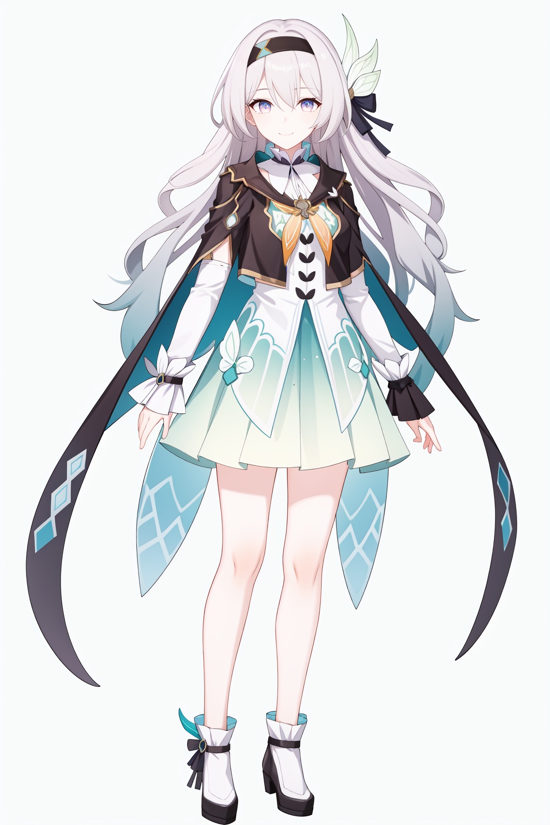 1girl,a girl named liuying,liuying,long sleeves,long hair,high quality,black hairband,(purple eyes:0.6),light smile,black capelet,green dress,full body,grey hair,bare legs,<lora:流萤21-000011:0.9:lbw=char>,, (masterpiece,best quality:1.2),absurdres, high quality,