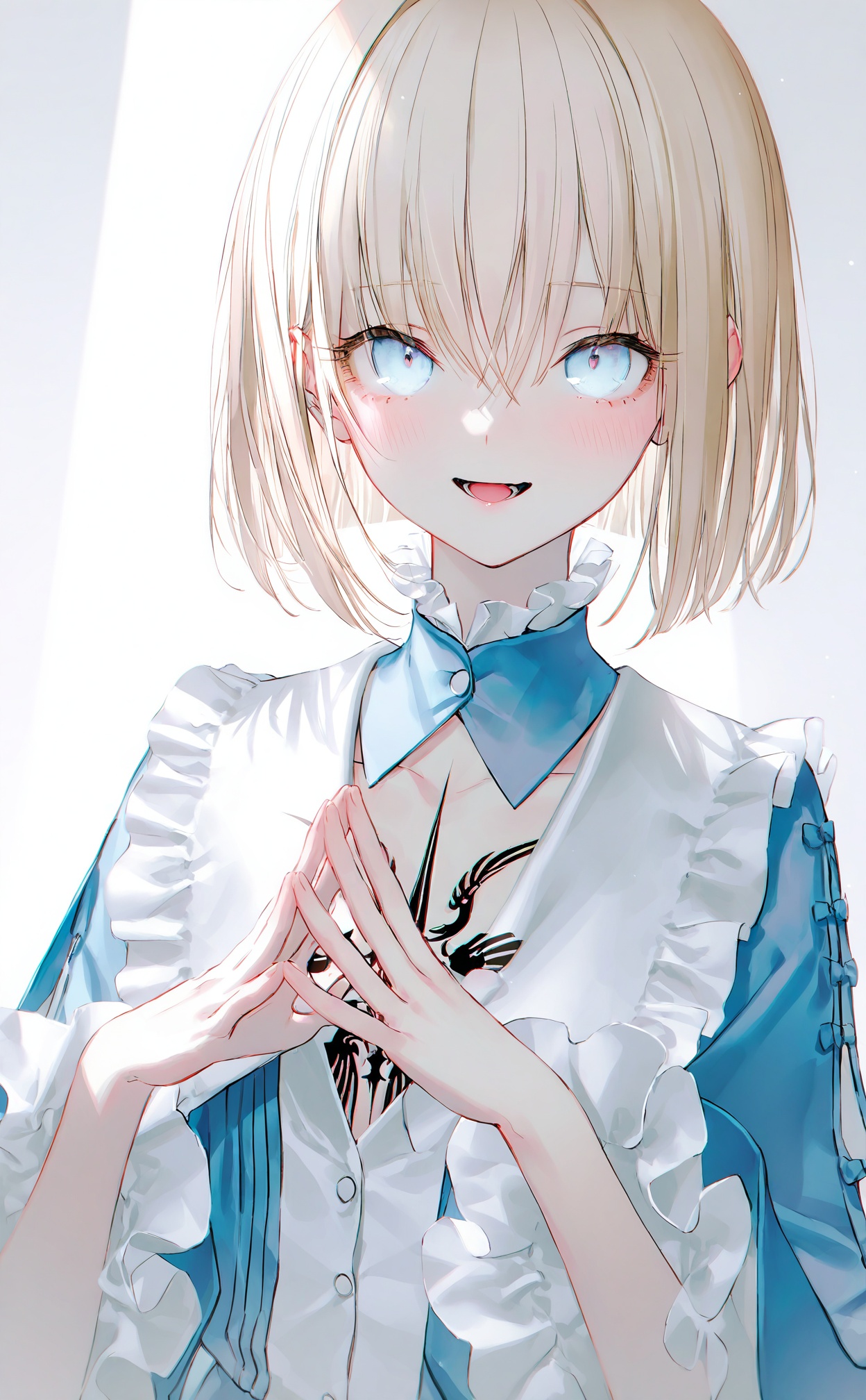 masterpiece,highres,absurdres,newest,best quality,loli,petite,high quality,chromatic_aberration,//,sajou_manaka, blue_eyes, 1girl, solo, looking_at_viewer, smile, blush, blonde_hair, upper_body, open_mouth, dress, blue_dress, frills, steepled_fingers, short_hair, tattoo, frilled_collar, chest_tattoo, hair_between_eyes, official_alternate_costume, own_hands_together//,(rhasta:0.9),Artist:na-ga,(kiwi500g:1.1),[yoggi_(stretchmen)],(quasarcake:0.2),(wanke:0.9),(iumu:0.72),(toosaka asagi:0.4),(Artist:chen bin:0.9),//,<lora:sajou_manaka——【noob】hans:1>,