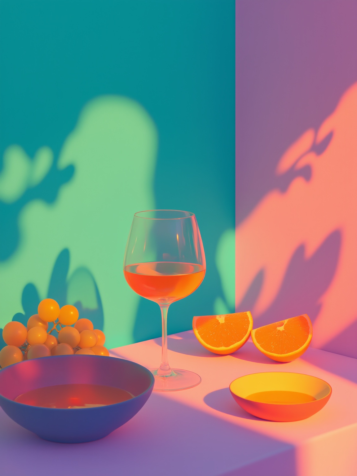 <lora:c10:0.8>,cartoon,serene,vibrant, colorful setting, wine glass, orange liquid, sliced oranges, grapes, a bowl, teal and pink, neon lights, shadows on wall