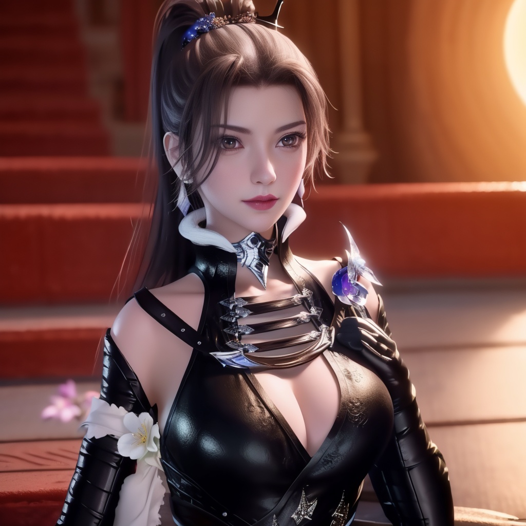 <lora:万界至尊-李雪衣-皮衣:0.8>, (,1girl, ,best quality, ),looking at viewer,  ,,ultra realistic 8k cg, ,masterpiece, (( , )),, realistic,science fiction,mole, ,     ,crescent moon, jasmine \(flower\),     (cleavage),,  (),