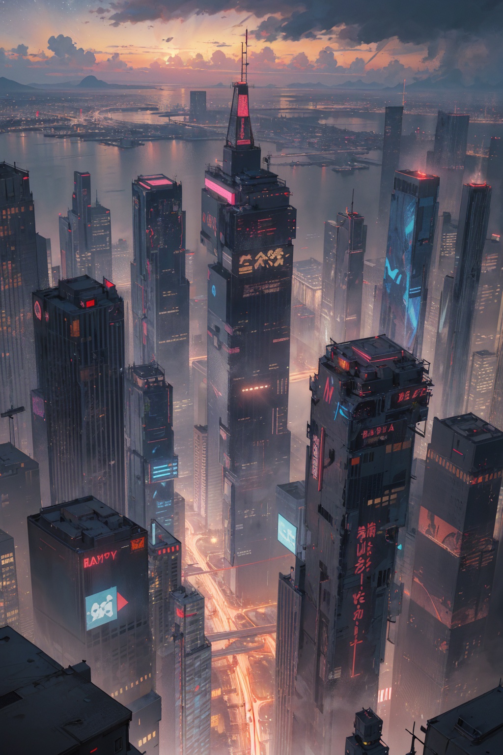 masterpiece,best quality,(ray tracing,cinematic lighting),photography,from above,cyberpunk city,tower,skyscraper,neon lights,night,cloud,starry sky,
