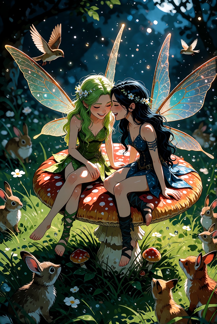 MMMDaal,  A pair of fairies sitting atop a giant toadstool,  their foreheads touching as they laugh together. One fairy ha...