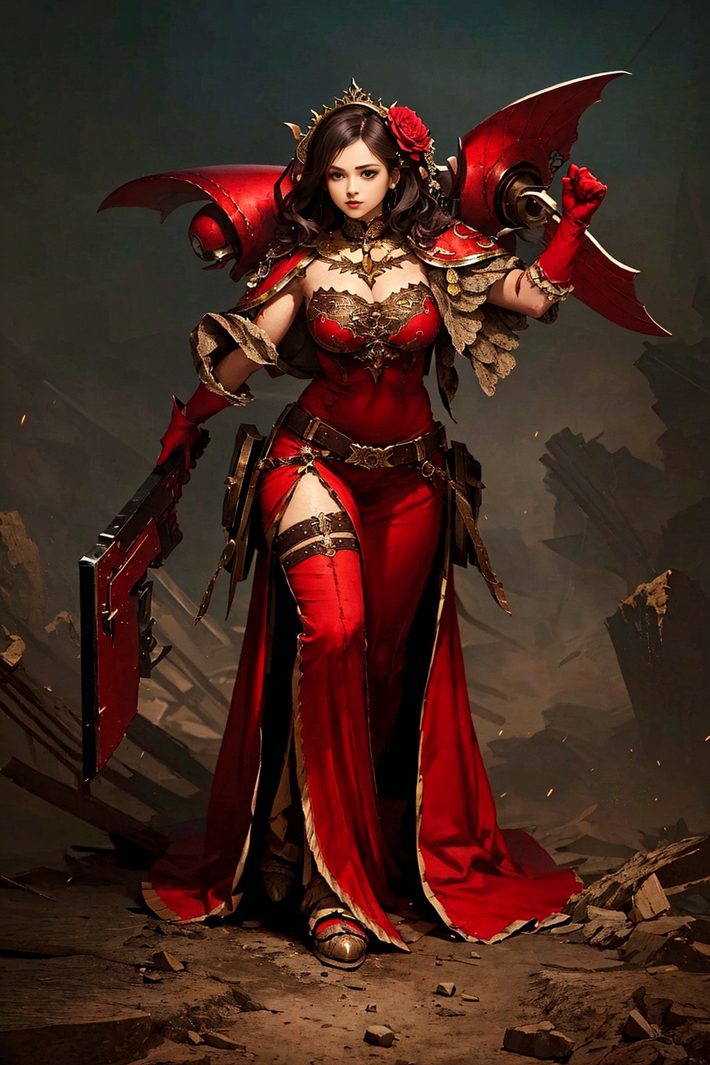 1girl,solo,gloves,hair_flower,full body,<lora:kp_战锤插画V1:0.8>,kp,weapon,holding,armor,