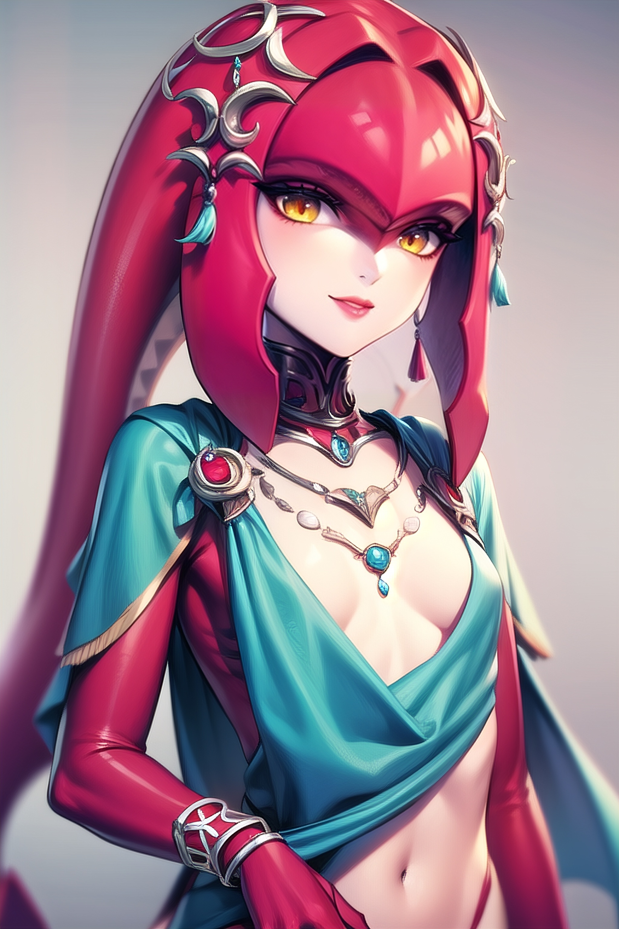 yuanshen,1girl,zora,solo,monster girl,red skin,fish girl,colored skin,multicolored skin,jewelry,yellow eyes,no eyebrows,fins,hair ornament,smile,upper body,closed mouth,red hair,breasts,small breasts,necklace,long hair,bracelet,<lora:add_detail:0.5>,<lora:epiNoiseoffset_v2:0.5>,<lora:EnvyBetterHands LoCon_beta2:1>,perfect hands,<lora:米法1:0.8>,