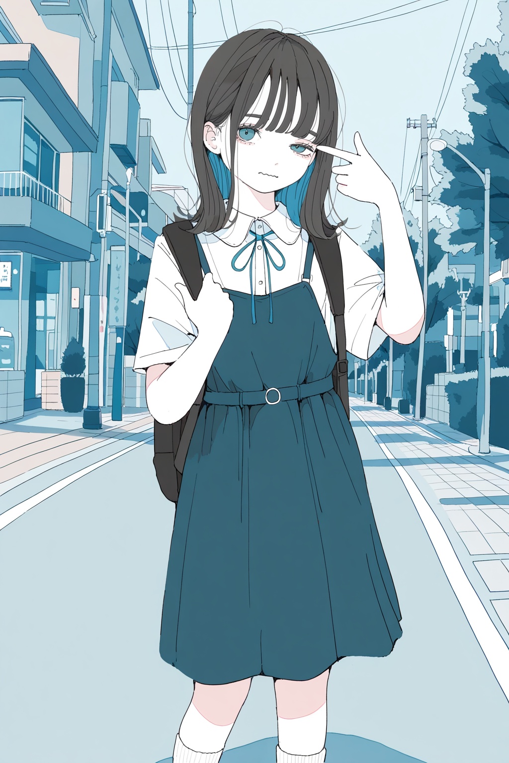 1girl,black hair,medium hair,BREAK 1girl,finger gun to head,uneven eyes,wavy mouth,BREAK Big Backpack,White Shirt,Short Sleeves,Neck Ribbon,White Socks,outdoors,BREAK general,(nocopyrightgirl:0.75),(sema \(vivaviva 02\):0.6),(rrr \(reason\):0.75),(cuon \(kuon\):0.7),masterpiece,best quality,absurdres,highres,newest,<lora:kandis-v100-000024:0.6>,