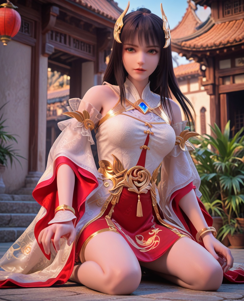 (oriental architecture, elegant decor, sophisticated style:1.1),Kneeling on one knee,(breasts:1.2),<lora:XL完美世界灵凤:0.95>,miss lingfeng,solo,white dress,sash,red underskirt,detached sleeves,green eyes,mole under left eye,black hair,bangs,long hair,hair ornament,bare shoulders,wide sleeves,gem,jewelry,bracelet,, zPDXL2, score_9, score_8_up, score_7_up BREAK realistic, masterpiece,best quality, highly detailed,, zPDXL3, zPDXL2,zPDXL, zPDXLxxx, zPDXLrl,