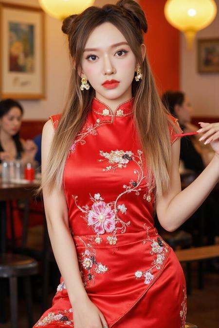 bright photo of beautiful asian girl a red traditional-style qipao outfit with floral and ribbon decorations inside a chinese restaurant. She has long, wavy hair with a light brown or blonde color styled in twin buns on each side of her head. Her makeup includes red lipstick, defined eyeliner, and light blush, giving her a refined and elegant appearance., she is smiling and posing with 1 leg up, <lora:flux_realism_lora:1>,<lora:makinaflux_chengxiao_v1.0:1>
