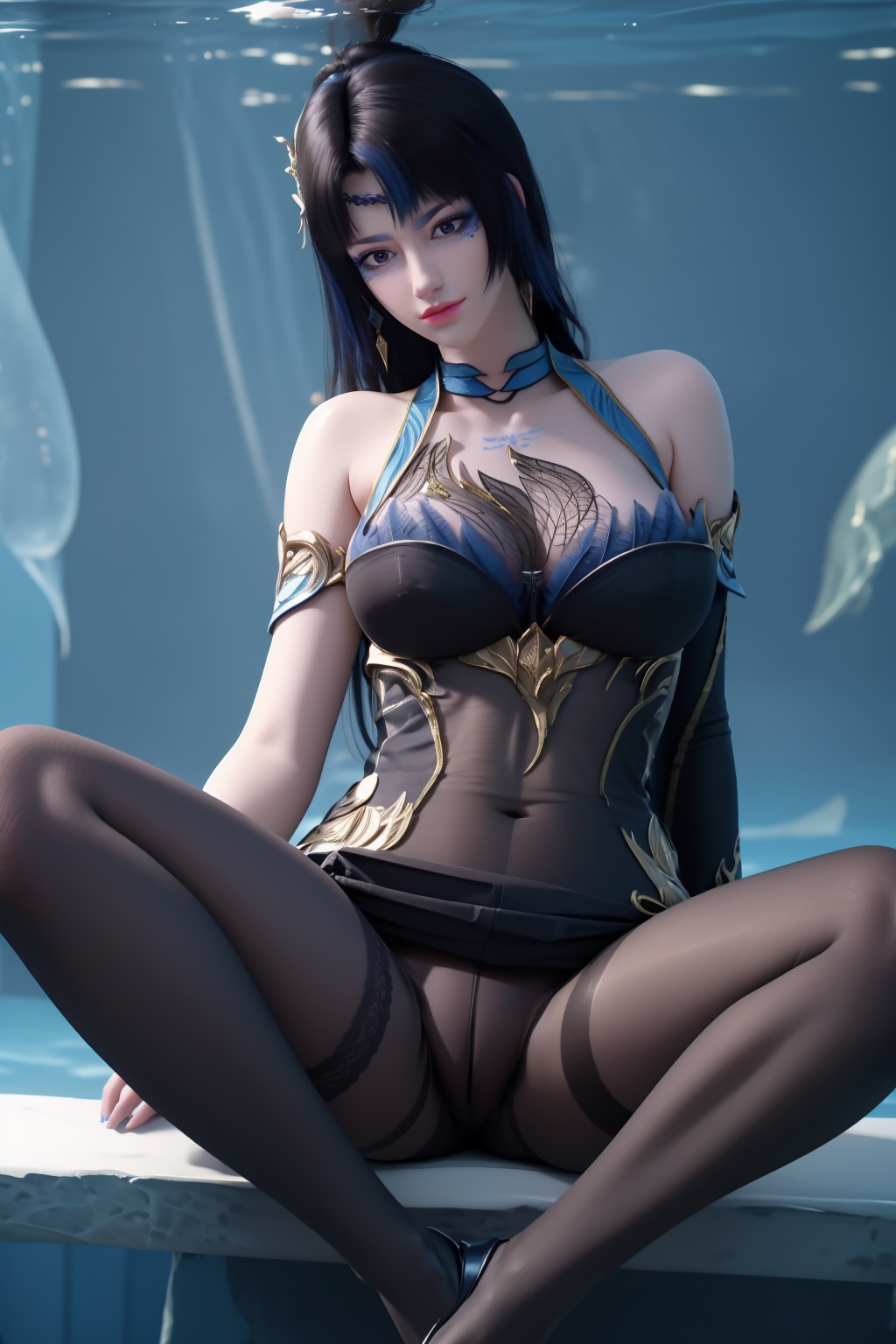 1girl,underwater,submerged,floating hair,air bubble,holding breath,see-through,masterpiece,best quality,highly detailed,fish,(wide hip:1.2),jellyfish,earrings,hair ornament,sea weed,coral reef,shark,sea turtle,sexy pose,chinese dress,chinese clothes,huge breasts,black pantyhose,(looking at viewer:1.2),sitting,(spread legs),perfect cameltoe,(torn pantyhose),,