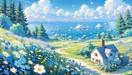 (pinwheel:1.2), House，tree  ,birds, grass, flowers, trees，Cliffs. Lake in the distance,wind, blue sky, clouds，Flower field,  <lora:Flower field_20230729165144:0.75>