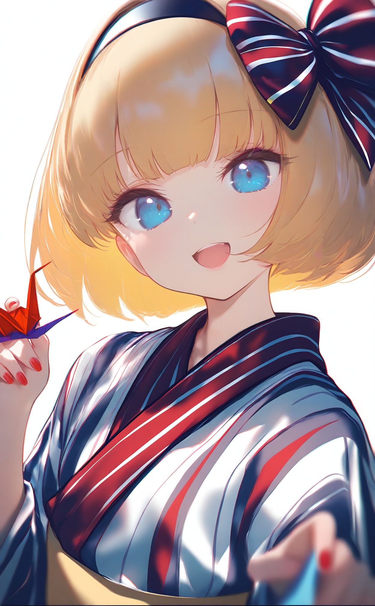 masterpiece,absurdres,best quality,loli,petite,high quality,chromatic_aberration,//,origami,1girl,paper crane,japanese clothes,blonde hair,blue eyes,short hair,solo,kimono,smile,open mouth,hairband,nail polish,hair bow,vertical-striped kimono,striped kimono,bow,sash,bob cut,yukata,white background,upper body,striped bow,obi,simple background,looking at viewer,striped clothes,striped ribbon,holding,red nails,:d,ribbo,//,//,<lora:MAQ1109——【noob】hans:1>,