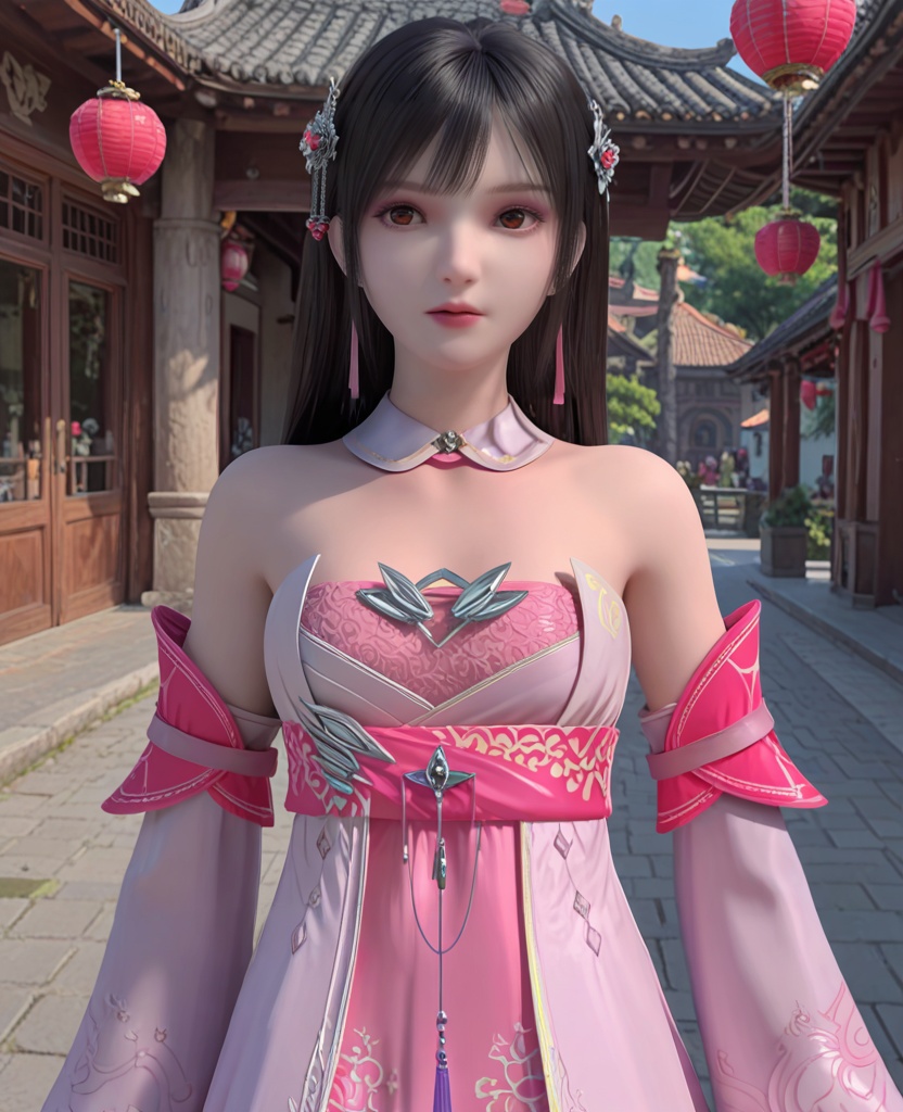 (oriental architecture, elegant decor, sophisticated style:1.1),(Walking away with a purposeful stride, one hand casually in a pocket,:1.1),(breasts:1.2),<lora:XL雪鹰领主姬容:0.95>,miss jirong,white pleated dress paired with a pink dress,black hair,long hair,hair ornament,jewelry,red eyes,detached collar,bangs,lips,detached sleeves,sash,, score_9,score_8_up,score_7_up,score_6_up,score_5_up,score_4_up,3d rendering,tag1,tag2, Cinematic Lighting,backlighting,