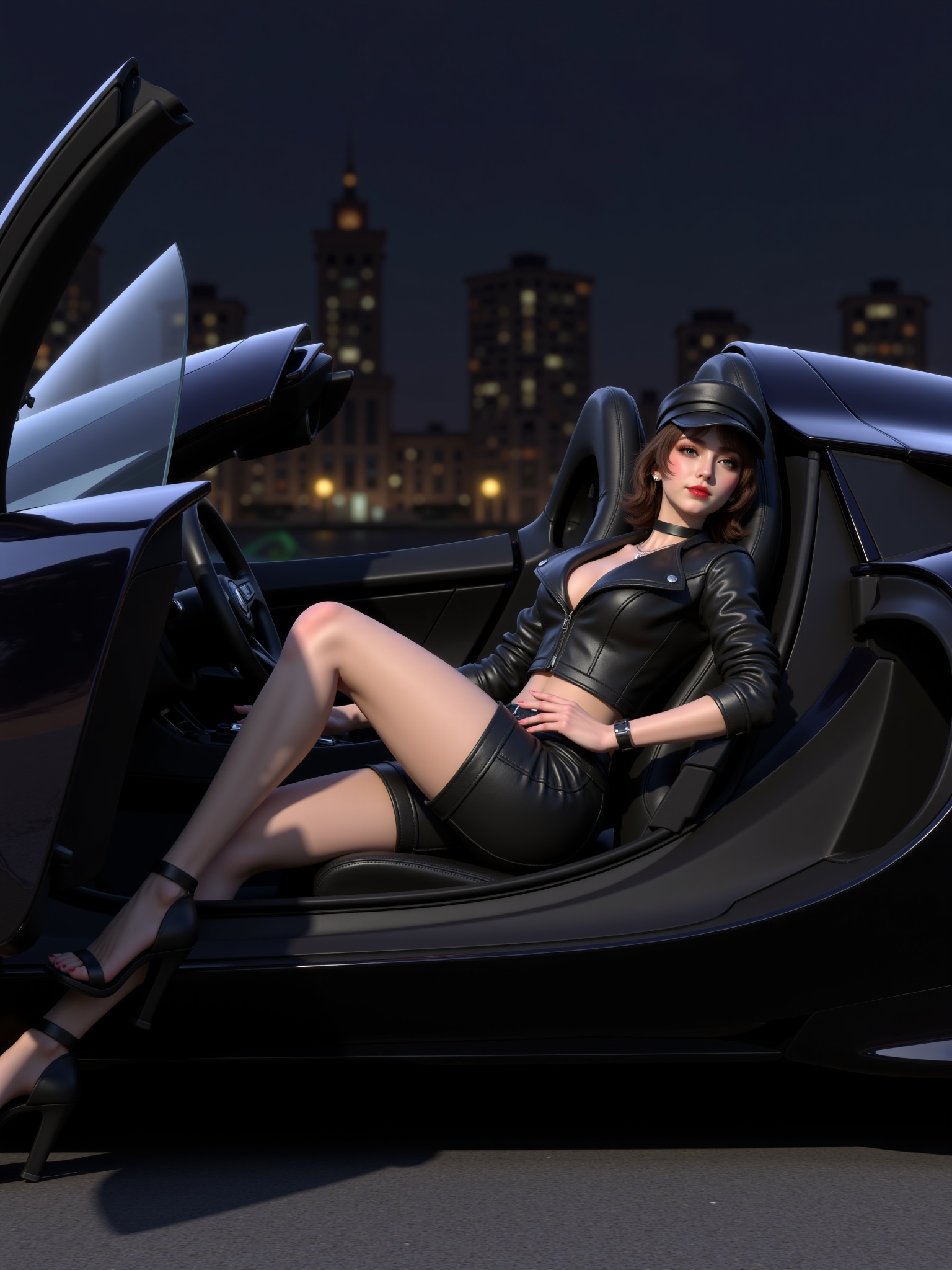 Digital CGI image of a young woman with pale skin and brown hair,wearing a black leather jacket and shorts,reclining seductively in the open door of a sleek,black sports car. She has a confident expression,red lipstick,and a black cap. Background shows a dimly lit cityscape.,<lora:flux-lora-王牌竞速-细理:0.5>,<lora:F.1_梧桐_厚涂风插画_v1.0:0.35>,<lora:flux-画风测试:0.2>,