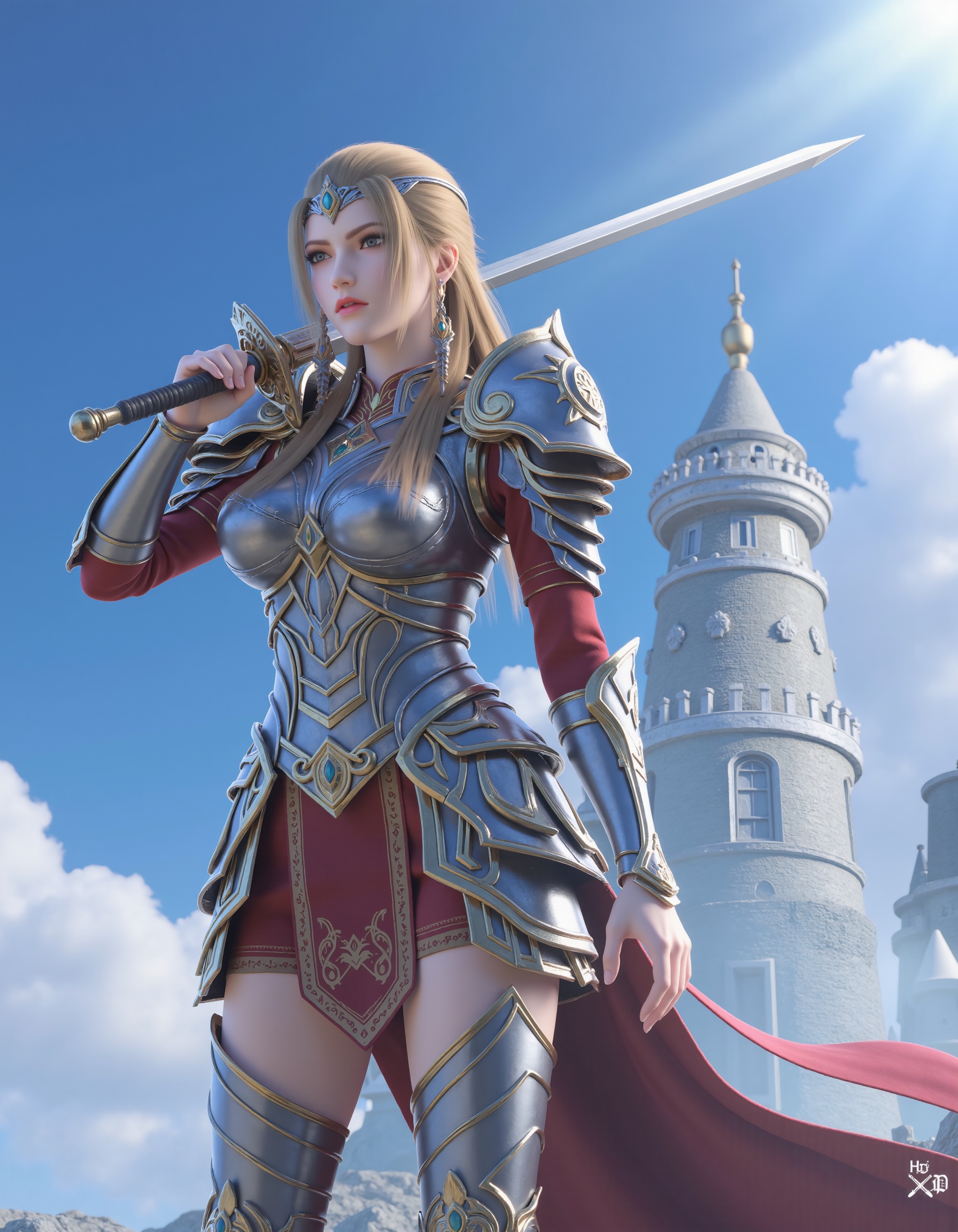 <lora:TSY:0.4> ,<lora:flux-lora-天使彦3 (2):0.7>，A woman, armor quality, fantasy style, anime details, enhanced detail quality, skirt crane boots, holding a sword,Sky tower,