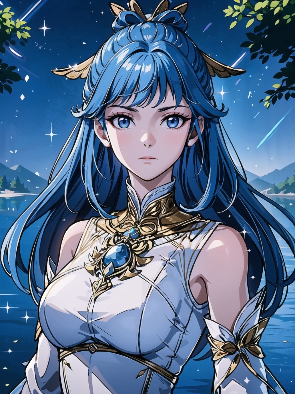 <lora:lora:0.85>,wangdong,1girl,solo,closed mouth,blue hair,hair rings,(hair ornament),jewelry,detached sleeves,white high collar dress,(looking at viewer),outdoors,glowing,light particles,sparkle,nature,lake,fantasy,blue background,portrait,