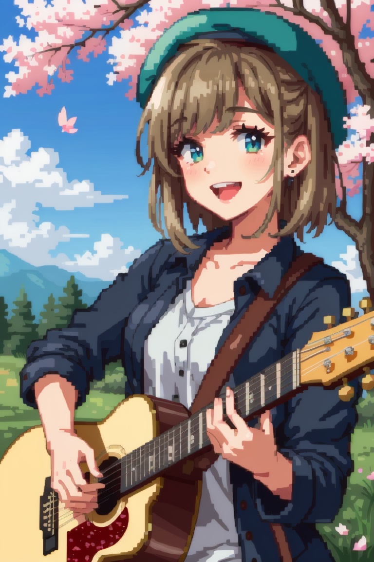 ((HRD, HUD, 8K)),((masterpiece, best quality)), highly detailed,1girl, solo, long hair, cute, smile, open mouth, flower, outdoors, playing guitar, music, beret, holding guitar, jacket, shirt, shorthair, cherry blossoms,