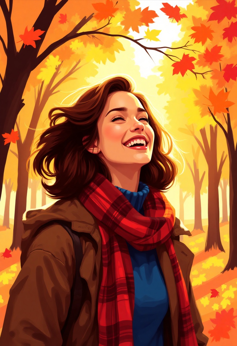 Impressionism,  This is a vibrant digital painting depicting a joyful woman in a fall setting. The woman,  with light brow...