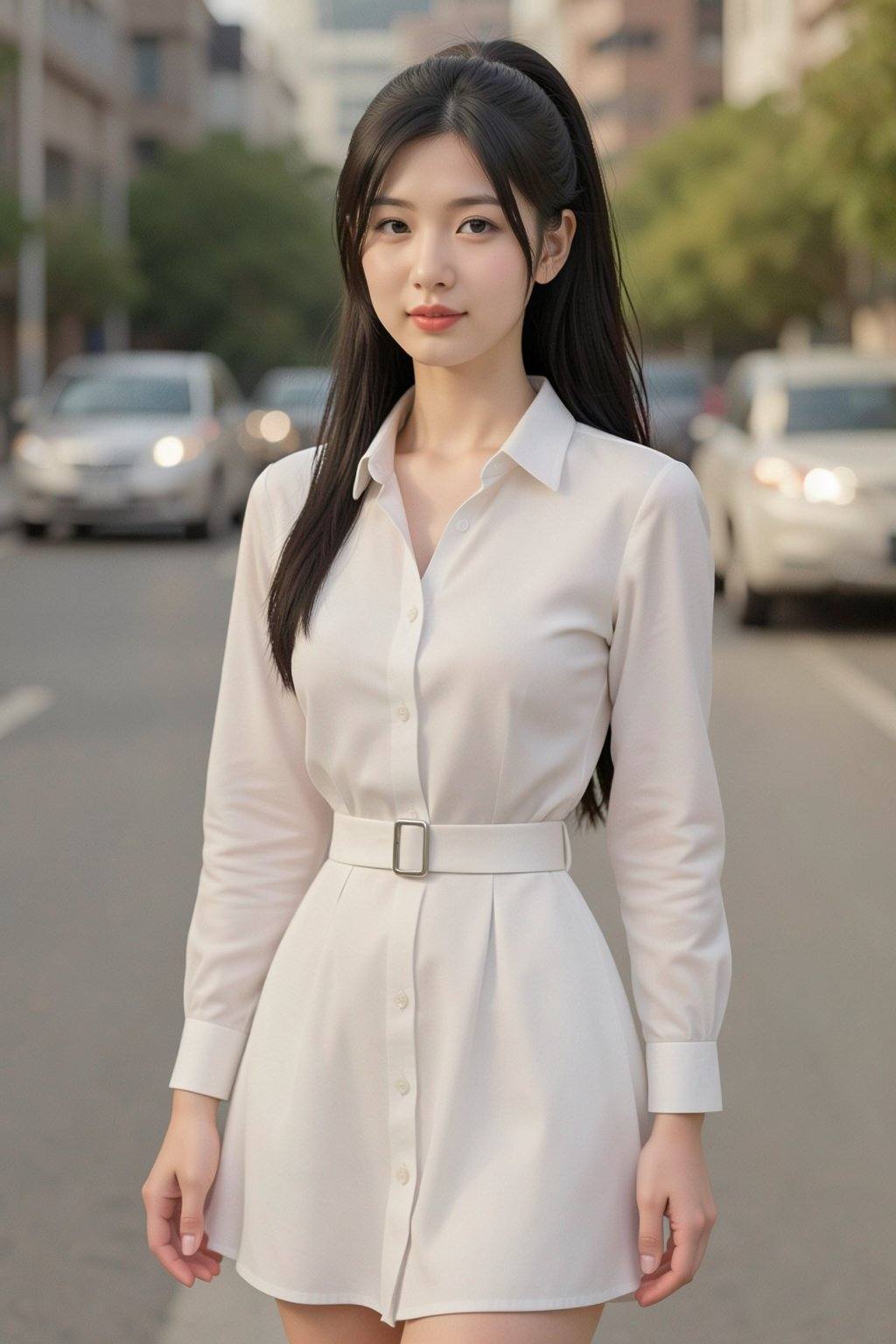 A photograph of a young Asian woman with fair skin,  long black hair tied in a high ponytail,  standing on a city street....
