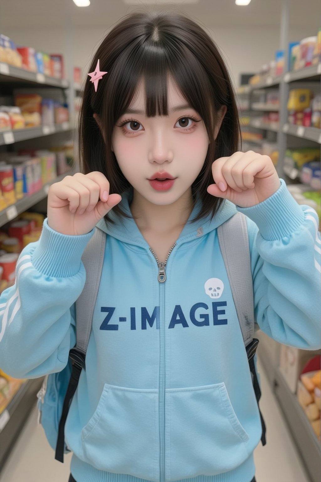 A young East Asian girl,  appearing to be in her early teens,  stands in the center of a grocery store aisle. She has dark...