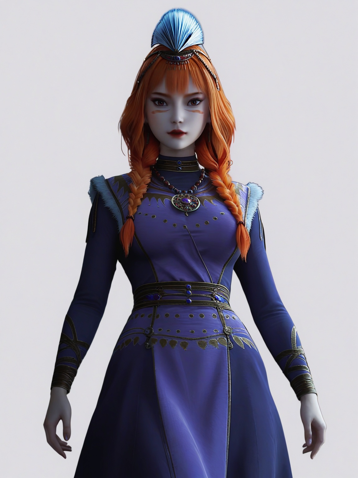 score_9,<lora:SF_SiYuDan_Pony_Realism2.3-000004:0.7>,1girl,solo,dress,orange hair,bangs, large breasts,multiple braids,twin braids,facepaint,facial mark,feathers,hair over shoulder,long sleeves,lipstick, hair ornament,standing,looking at viewer,white background,