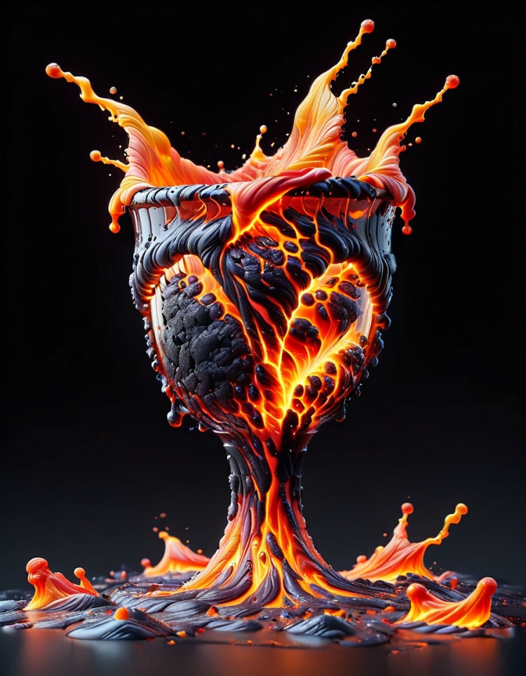 hot lava in shattering glass cup, shattering glass, black background,, realistic, hyper-detailed, 8k, photographic style <lora:ral-lava-sdxl-v2:1> ral-lava