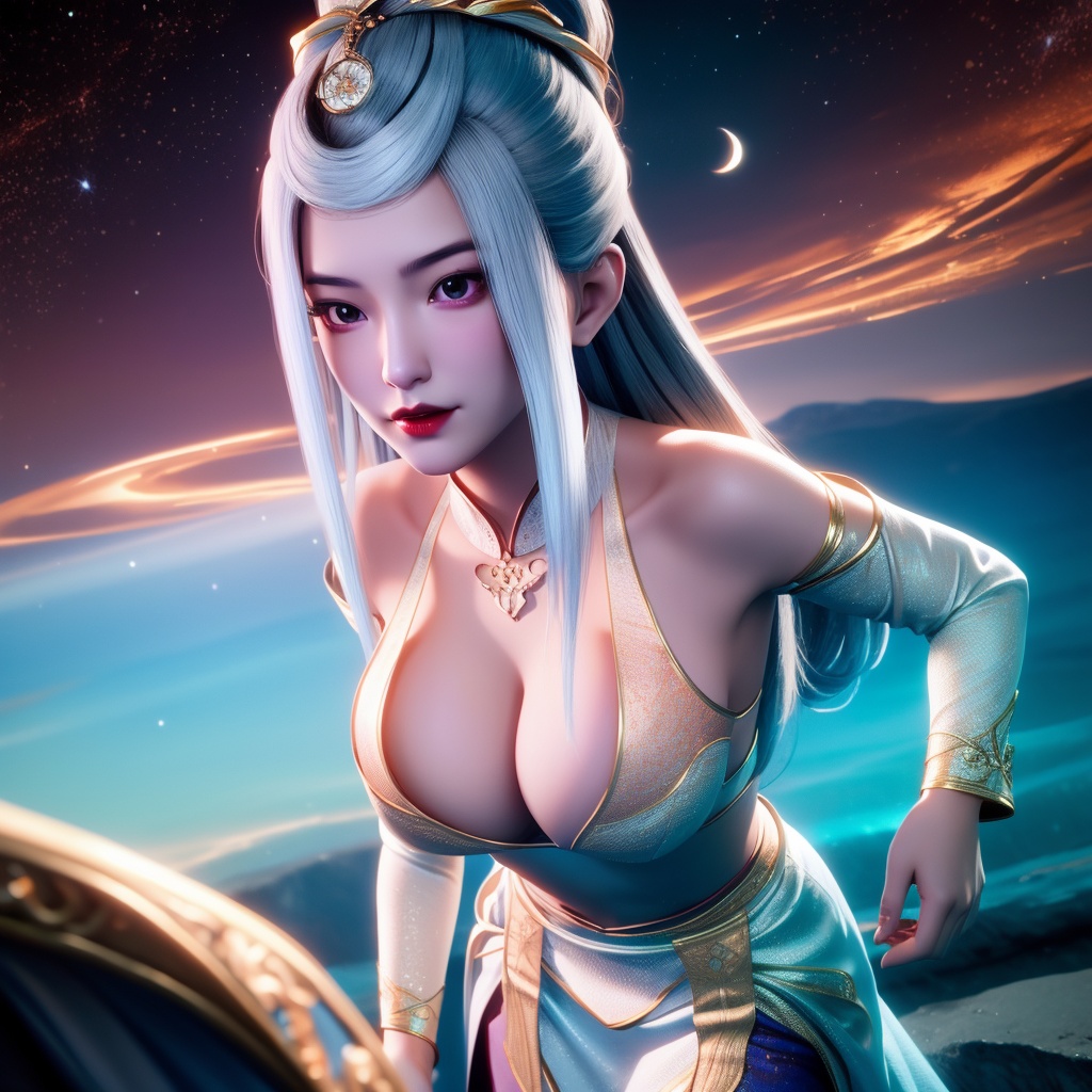 <lora:769-DA-念无双-韩女:0.8>, (,1girl, ,best quality, ),looking at viewer,  ,,ultra detailed background,ultra detailed background,ultra realistic 8k cg, ,masterpiece, (( , )),, realistic,science fiction,mole, ultra realistic 8k cg, ,     ,crescent moon, jasmine \(flower\),     (cleavage),,  (),