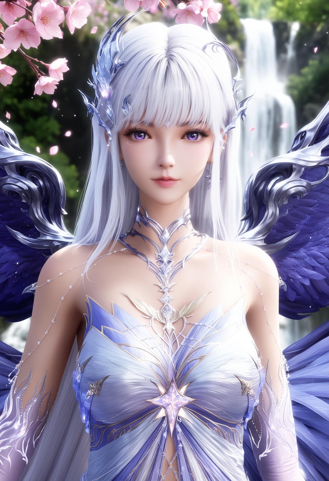 masterpiece,best quality,amazing quality,high resolution,ultra-detailed,absurdres,(looking at viewer:1.1),upper body,(moody lighting:1.1),waterfall,peach blossom,falling petals,(large breasts:0.8),shengcaiersz,1girl,solo,dress,long hair,white hair,wings,bare shoulders,white dress,purple eyes,hair ornament,jewelry,gloves,single thighhigh,high heels BREAK photorealistic details,sparkling particles,metallic luster,<lora:QQSillshengcaierszV1:0.8>,